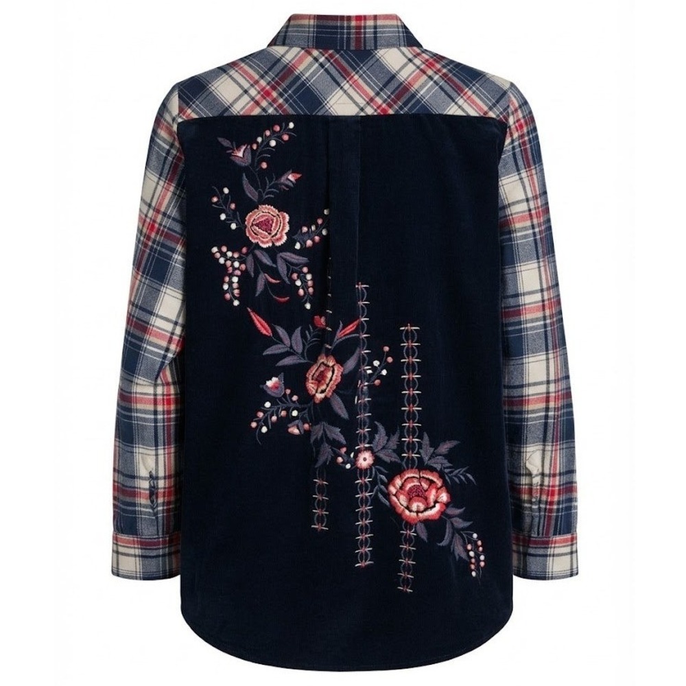 Kyla Seo XL Blue Plaid Flannel Velvet Back Floral Embroidered Shirt Boho - CJ